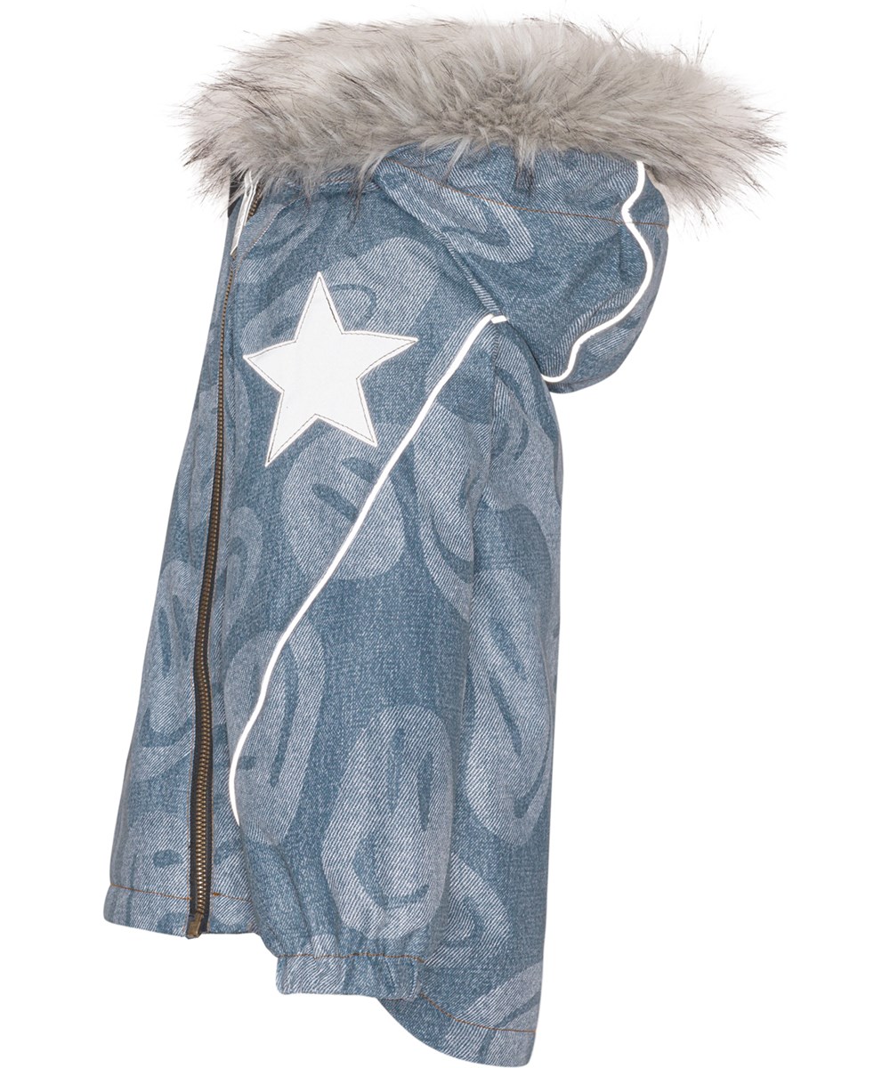 Hopla Fur - Denim Swirley - Återvunnen vinterjacka i blå med smileys.