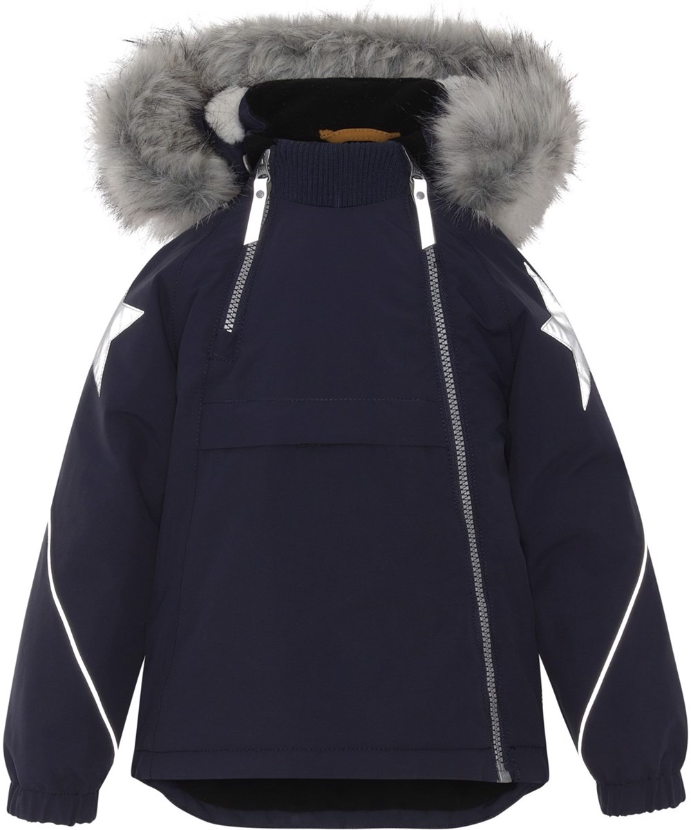 Hopla Fur - Galaxy Blue - Återvunnen blå vinterjacka med pälskrage.