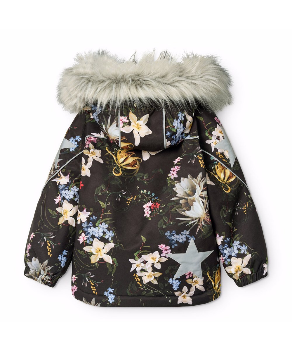 Hopla Fur - Paisley Flowers - Svart vind- och vattentät vinterjacka för barn tillverkad av återvunnen polyester med ett tryck av färgglada blommor och fodrad med 3M™ Thinsulate™.
