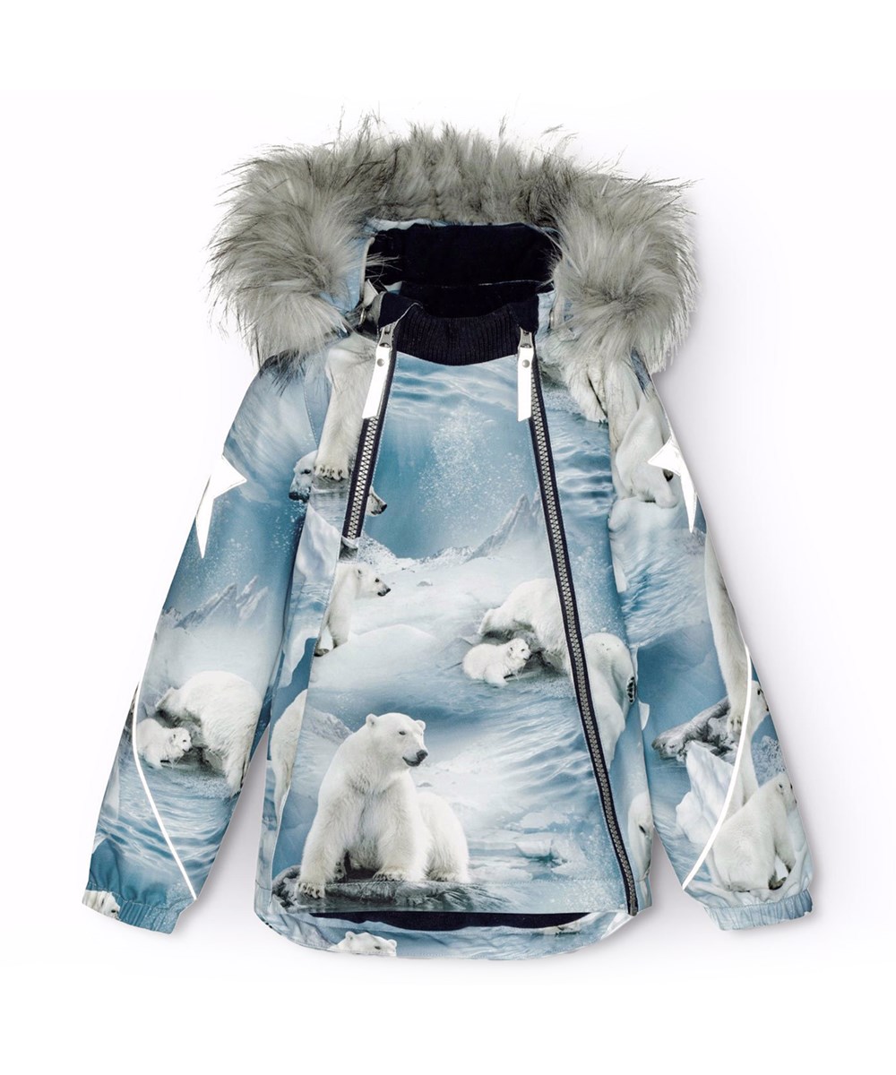 Hopla Fur - Polar Bear Joy - Vind- och vattentät vinterjacka för barn i återvunnen polyester med ett tryck av lekfulla isbjörnar bland isflak i nyanser av blått.