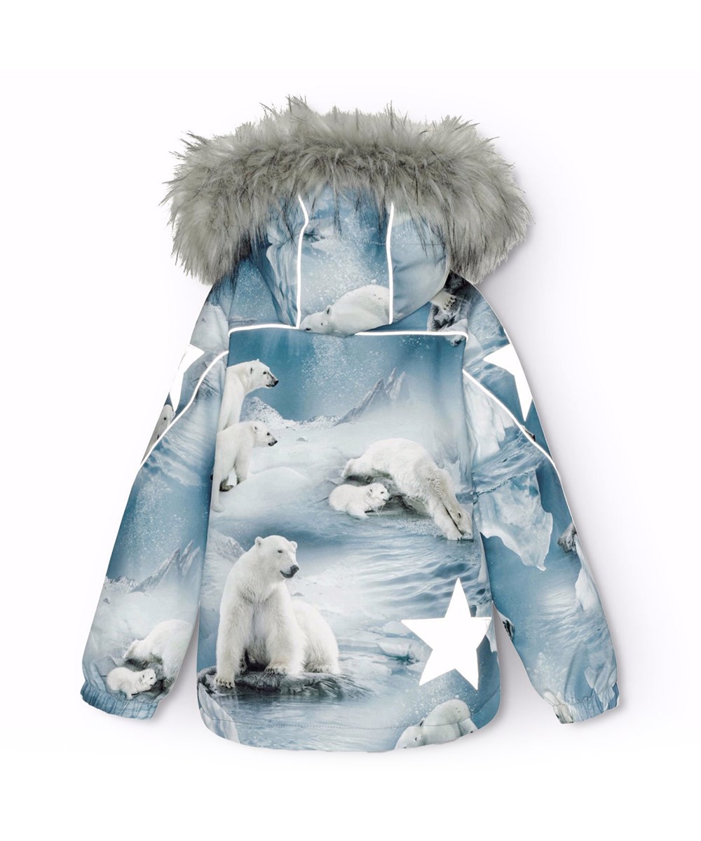 Hopla Fur - Polar Bear Joy - Vind- och vattentät vinterjacka för barn i återvunnen polyester med ett tryck av lekfulla isbjörnar bland isflak i nyanser av blått.