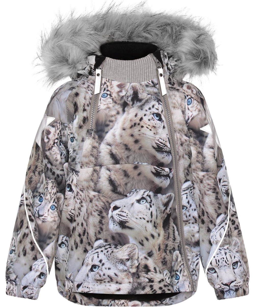 Hopla Fur - Snowy Leopards - Återvunnen vinterjacka med päls och snöleopard.