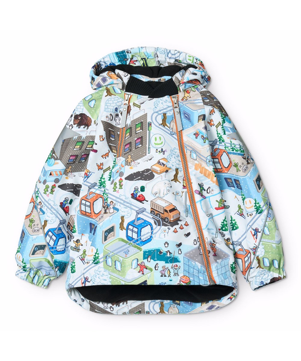 Hopla - Pixel Winter - Vind- och vattentät vinterjacka för barn tillverkad av återvunnen polyester med ett pixlat mönster av den verkliga världen, roliga karaktärer från Molos kollektioner och massor av spännande berättelser som är roliga att utforska i det färgglada universume
