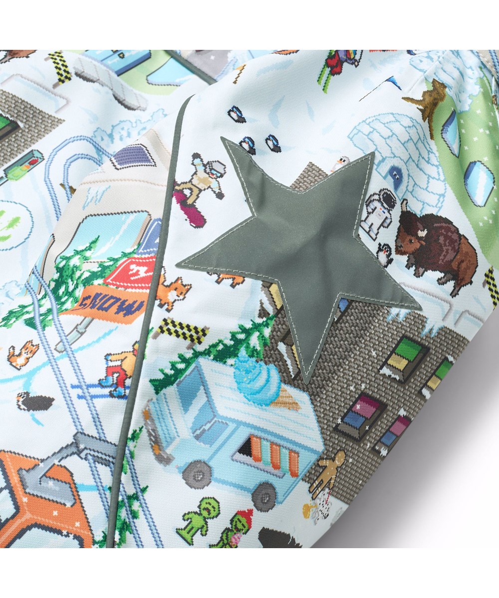 Hopla - Pixel Winter - Vind- och vattentät vinterjacka för barn tillverkad av återvunnen polyester med ett pixlat mönster av den verkliga världen, roliga karaktärer från Molos kollektioner och massor av spännande berättelser som är roliga att utforska i det färgglada universume
