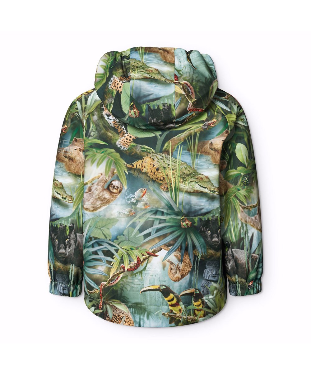 Hoplas - Jungle Life - Grön vind- och vattentät jacka för barn i återvunnen polyester med färgglatt mönster av djuren i djungeln.