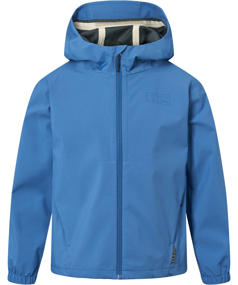 Horizon - Swell Blue - Blå vind- och vattentät jacka för barn med huva och laminerad insida i återvunnen polyester.