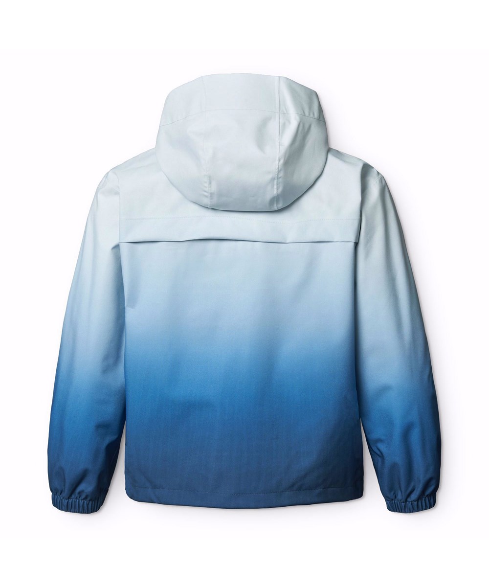 Horizon - Fade Blue - Vind- och vattentät jacka för barn i återvunnen polyester med en huva i blåa gradientfärger.
