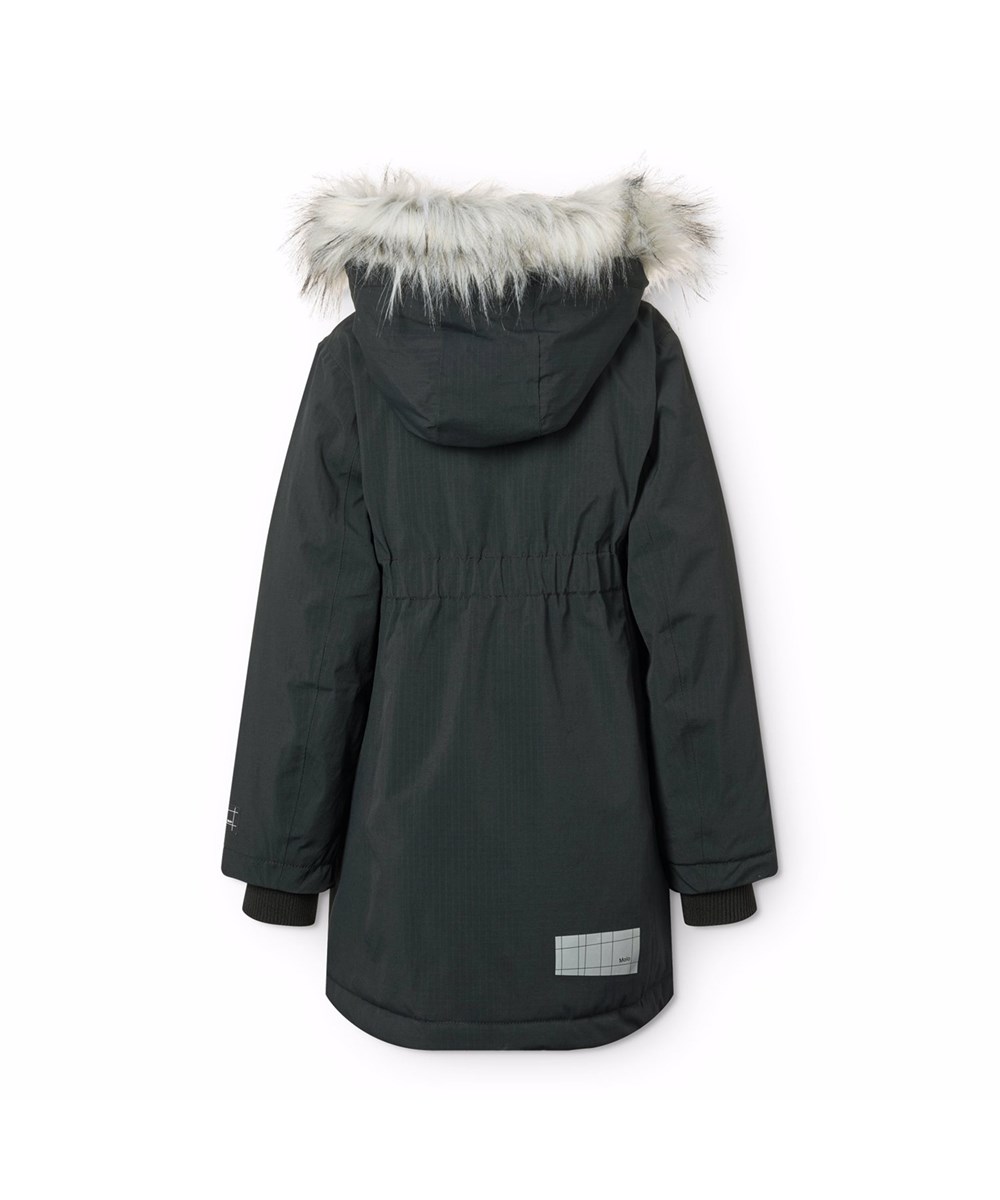 Peace - Black - Vind- och vattentät svart jacka i återvunnen nylon med praktisk dragkedja, hög krage och avtagbar huva med fuskpälskant.