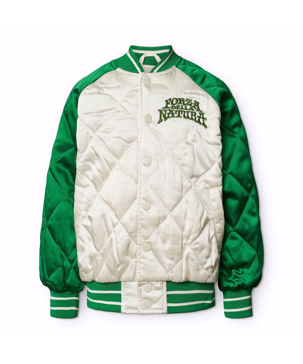 Haru - Jaguar And Snake - Quiltad bomberjacka för barn i grönt och off-white med en broderad ryggpatch av en gepard och orm i levande färger och texten "Forza Della Natura" på bröstet.