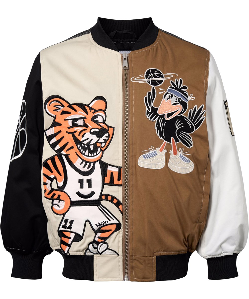 Hedley - Basket Comics - Beige, svart och brun bomberjacka för barn med tigermönster.