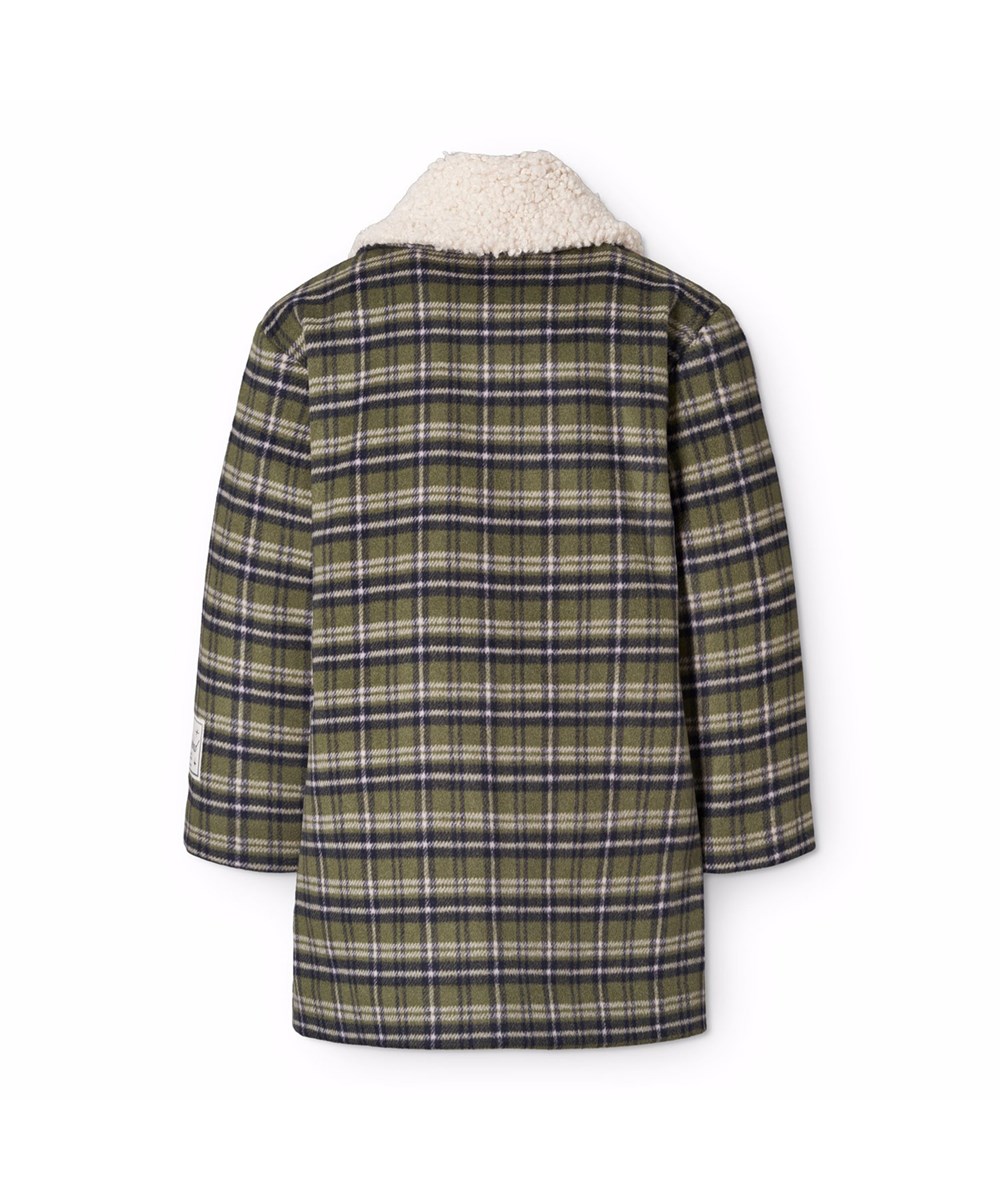 Hope - Evergreen Check - Knälång jacka i blått, grönt och vitt rutigt mönster för barn tillverkad av återvunnen polyester och ullblandning.