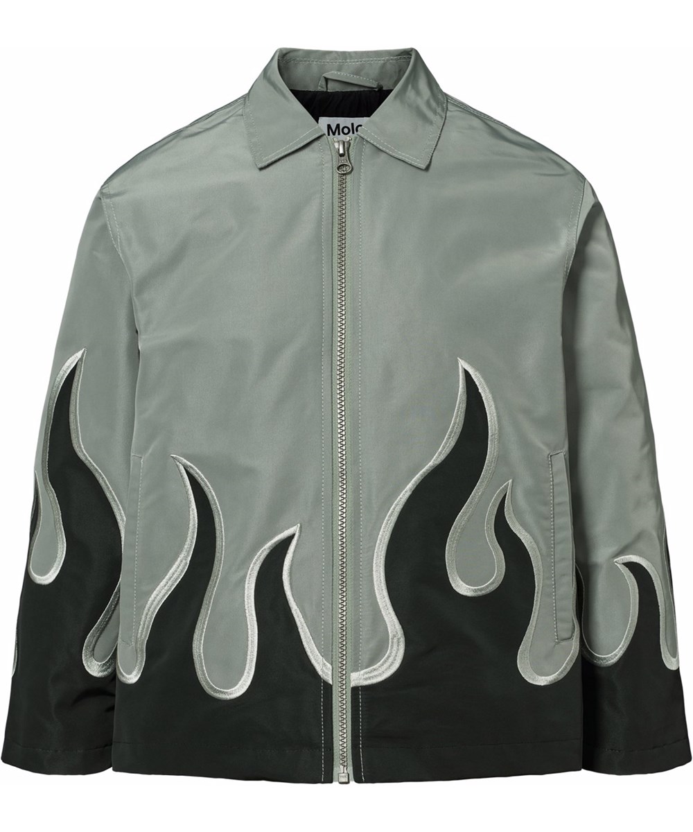 Hotson - Heated - Grå jacka för barn med svarta flammor gjord av glänsande polyester.