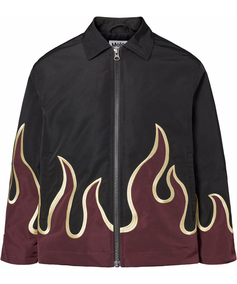 Hotson - Hot - Svart jacka för barn med vinröda flammor gjord av glänsande polyester.
