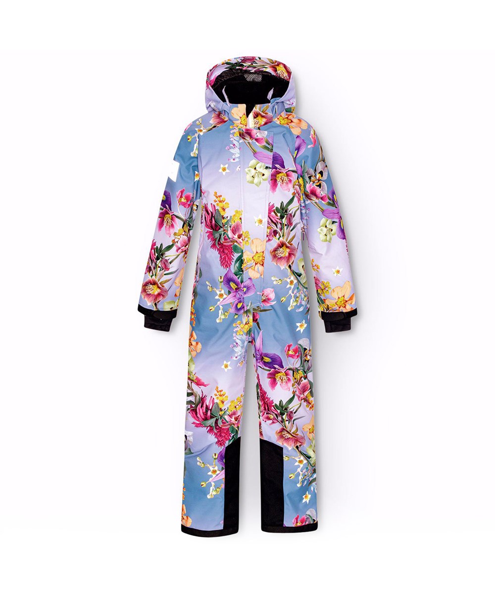 Hux - Gradient Bloom - Blå och lila barnoverall tillverkad av återvunnen polyester med blommigt mönster.