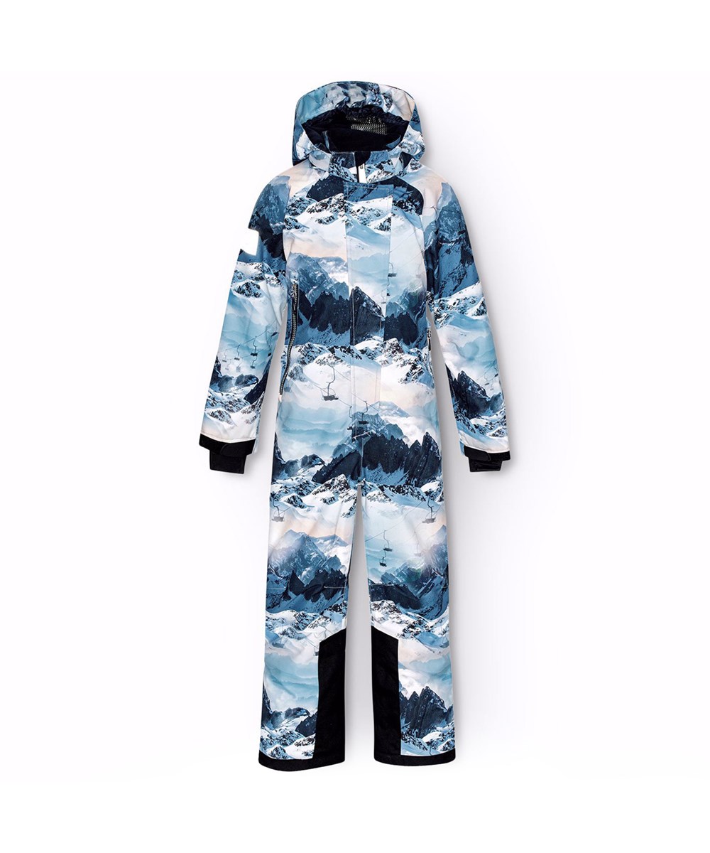 Hux - Mountain High - Barnoverall i återvunnen polyester, med ett vinterlandskap i blåa nyanser.