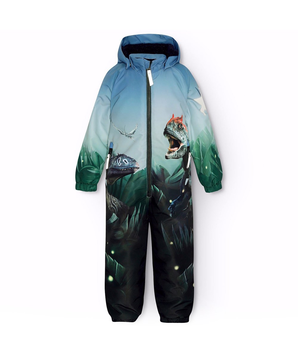 Polar - Amazing Dino - Blå och grön barnoverall i återvunnen polyester med dinosaurie tryck.