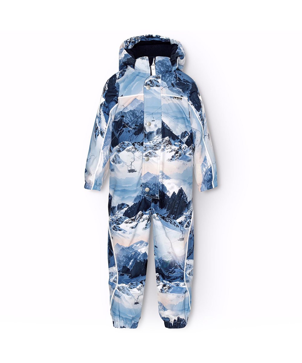 Polaris - Mountain High - Barnoverall i återvunnen polyester med ett vackert tryck av snöklädda alper i nyanser av blått.