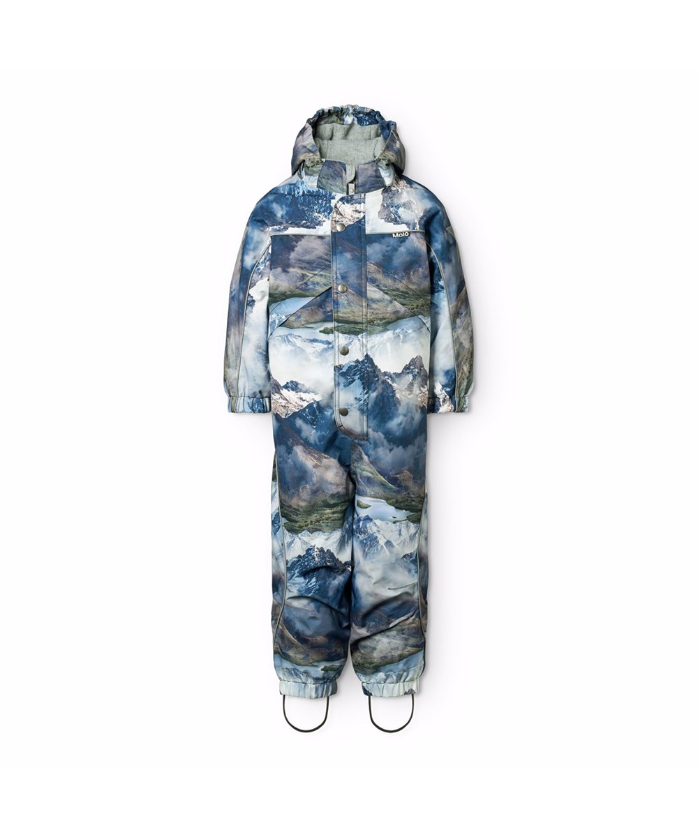 Polaris - Snowy Mountains - Vind- och vattentät overall med vackert landskapsmönster som visar snötäckta bergstoppar i levande färger, tillverkad av återvunnen polyester och vadderad med 3M™ Thinsulate™.