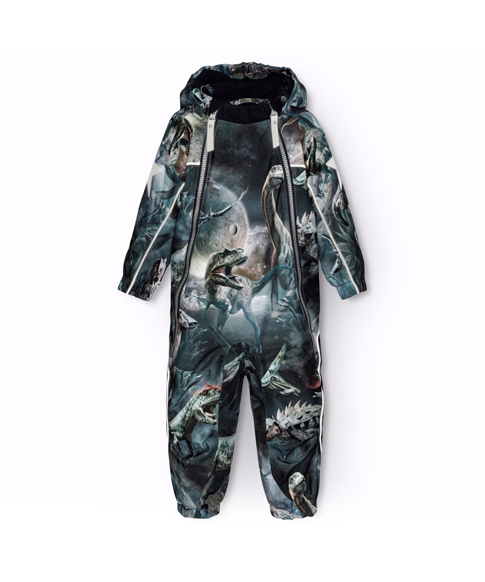 Pyxis - Dino In Space - Blå barnoverall i återvunnen polyester med ett tryck av dinosaurier i rymden.