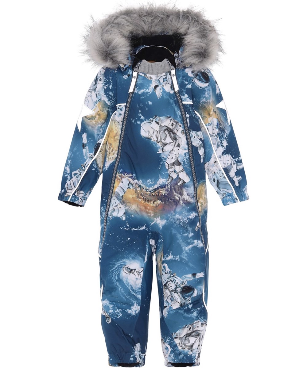 Pyxis Fur - Astronauts - Återvunnen blå overall med astronautmönster och päls.