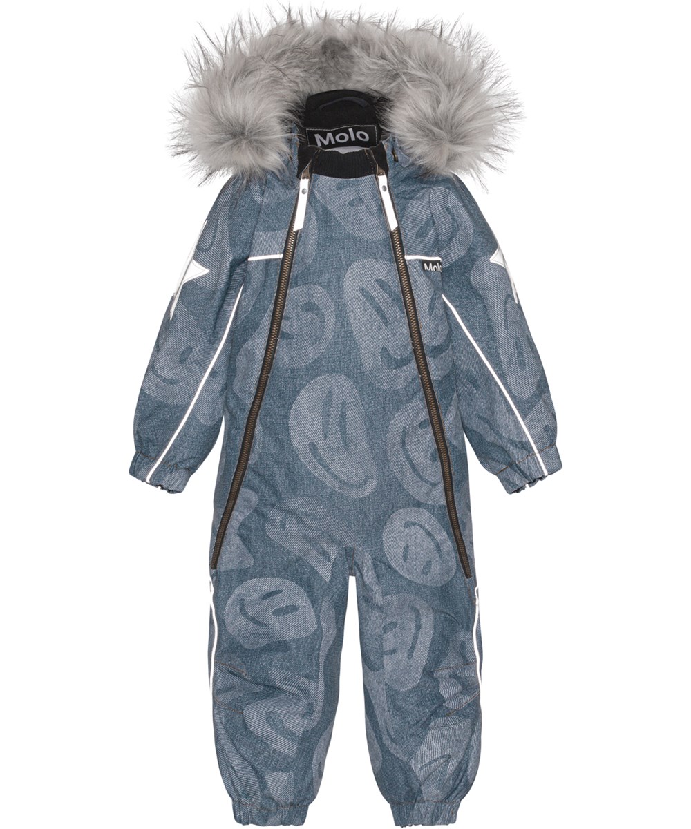 Pyxis Fur - Denim Swirley - Återvunnen overall i blå med smileys.