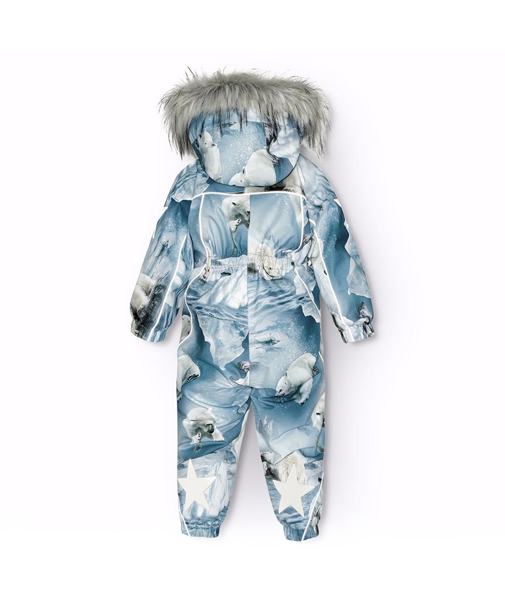 Pyxis Fur - Polar Bear Joy - Barnoverall i återvunnen polyester med ett tryck av lekfulla isbjörnar bland isflak i nyanser av blått.