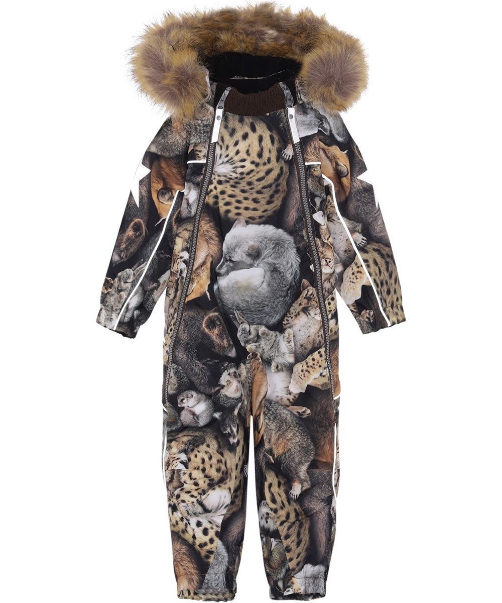 Pyxis Fur - Sleeping Cubs - Återvunnen overall med djurmönster och päls.