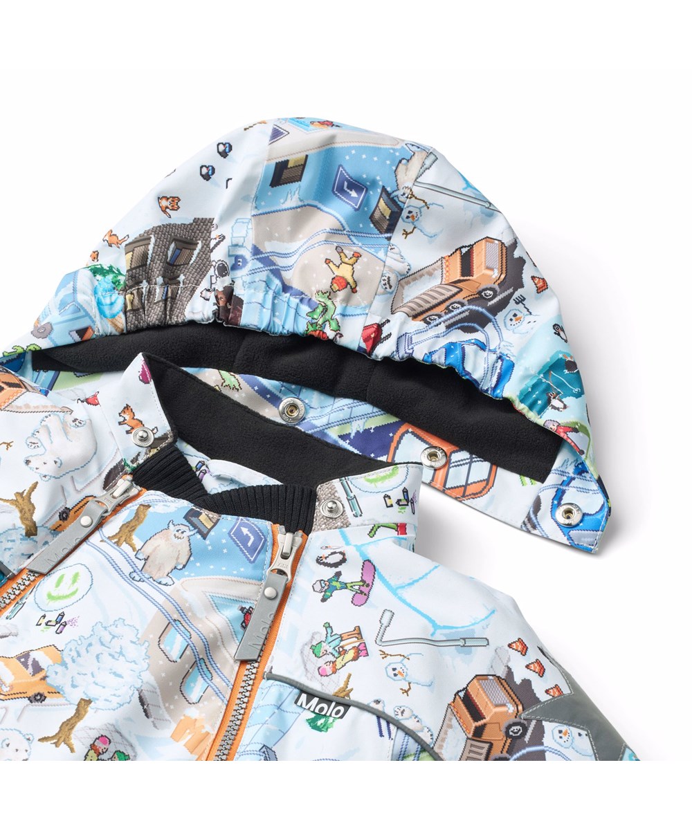 Pyxis - Pixel Winter - Vind- och vattentät overall för kalla vintrar tillverkad av återvunnen polyester, med ett pixlat mönster av den verkliga världen, roliga karaktärer från Molos kollektioner och vadderad med 3M™ Thinsulate™.