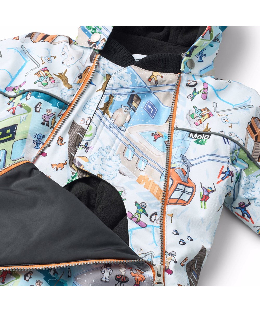 Pyxis - Pixel Winter - Vind- och vattentät overall för kalla vintrar tillverkad av återvunnen polyester, med ett pixlat mönster av den verkliga världen, roliga karaktärer från Molos kollektioner och vadderad med 3M™ Thinsulate™.