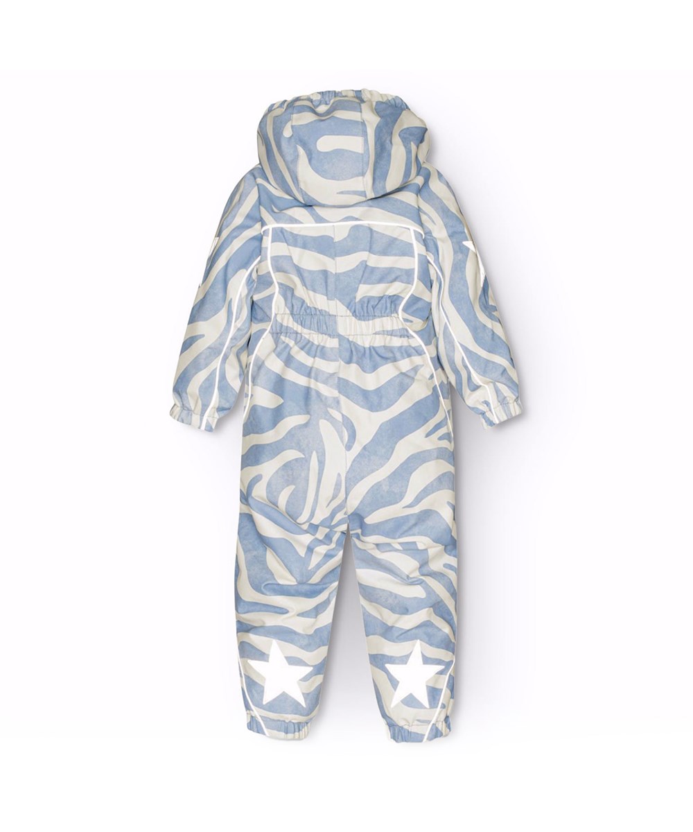 Pyxis - Zebra Blue - Barnoverall i återvunnen polyester med zebraränder i lavendelblått och off-white.